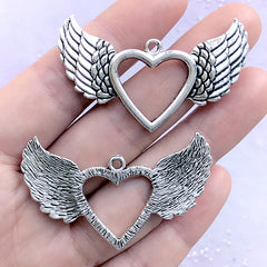 Silver Winged Heart Pendant | Heart Deco Frame for UV Resin Filling | Magical Girl Jewelry DIY (2 pcs / Tibetan Silver / 47mm x 28mm)