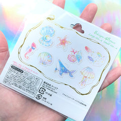 Pastel Marine Life Sticker Flakes | Seashell Starfish Jellyfish Whale Seahorse Fish Sticker | Scrapbooking Supplies (8 Designs / 48 Pieces)
