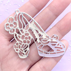 Floral High Heel Open Bezel Pendant for UV Resin Filling | Flower Shoe Charm | Kawaii Jewelry Supplies (1 piece / Silver / 57mm x 48mm)