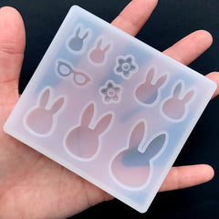 Nerdy Bunny with Eyeglasses and Flower Silicone Mold (10 Cavity) | Nerd Rabbit Soft Mold | Kawaii Animal Mold | UV Resin Clear Mould