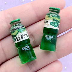 3D Miniature Korean Beverage Bottle | 1:6 Scale Dollhouse Fruit Drink | Doll House Juice | Kawaii Food Jewellery (2pcs / Green Aloe Vera / 10mm x 29mm)