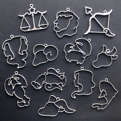 Zodiac Sign Open Bezel | Horoscope Charm | Constellation Deco Frame for UV Resin Filling | Astrology Jewellery Making (12 pcs / Silver)