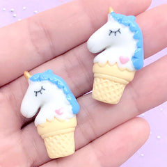 Kawaii Unicorn Ice Cream Resin Cabochons | Decoden Craft Supplies | Cute Embellishments for Slime DIY (2 pcs / Blue / 20mm x 31mm)