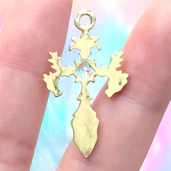 Foliated Cross Charm with Rhinestone | Fleury Cross Pendant | Religion Jewelry DIY Supplies (1 piece / Gold / 19mm x 33mm)