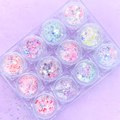 Kawaii Glitter Confetti Assortment in Star Moon and Bar Shapes | Cute Iridescent Sprinkles | Magical Girl Resin Art | Mahou Kei Nail Deco (Set of 12)