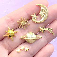 Astronomy Embellishment Assortment for UV Resin Art | Moon Shooting Star Northern Star Planet Saturn Resin Inclusions (6 pcs / Gold)