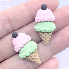 Ice Cream Decoden Cabochons | Kawaii Resin Embellishments | Fake Sweet Jewellery DIY | Phone Case Deco (2 pcs / Pink Green / 15mm x 29mm)