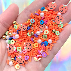 Fake Halloween Sprinkles and Sugar Strands | Polymer Clay Pumpkin Slices | Faux Sugar Pearls and Dragee Toppings (10 grams)
