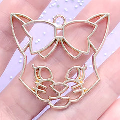 CLEARANCE Lady Cat with Ribbon Open Bezel Charm for Kawaii UV Resin Jewelry Making | Kitty Head Open Frame (1 piece / Gold / 40mm x 39mm)