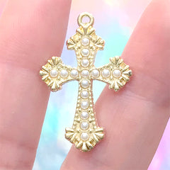 Apostles Cross Charm with Pearls | Budded Cross Pendant | Gothic Lolita Jewelry DIY (1 piece / Gold / 20mm x 30mm)