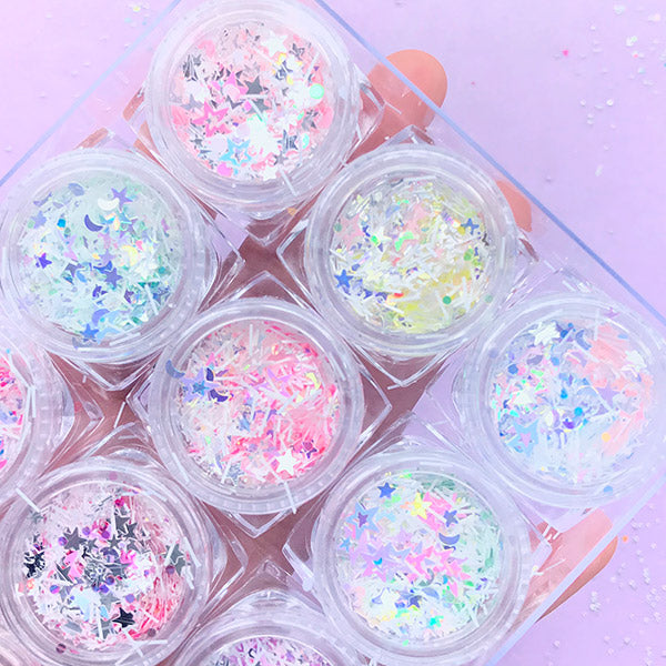 Kawaii Glitter Confetti Assortment in Star Moon and Bar Shapes | Cute Iridescent Sprinkles | Magical Girl Resin Art | Mahou Kei Nail Deco (Set of 12)