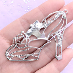 Silver High Heel with Rose Open Bezel Charm | Flower Shoe Deco Frame | UV Resin Jewellery Supplies (1 piece / Silver / 58mm x 45mm)