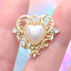 Baroque Heart Charm with Pearls and Rhinestones | Filigree Heart Pendant | Vintage Jewelry DIY (1 piece / Gold / 25mm x 22mm)