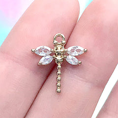 Rhinestone Dragonfly Charm | Bling Bling Insect Pendant | Dainty Jewelry Supplies (1 piece / Gold / 14mm x 16mm)