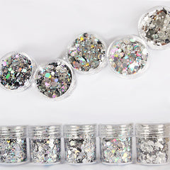 Holographic Hexagon Glitter Assortment in AB Silver (5 pcs) | Iridescent Confetti for Resin Art Decoration | Bling Bling Nail Deco (1-3mm)