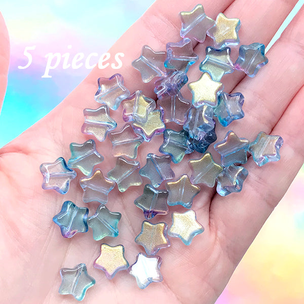 Small Star Beads in Galaxy Gradient Color | Cute Glass Bead | Kawaii Jewelry Supplies (Blue Purple Gold / 5 pcs / 10mm x 9mm)