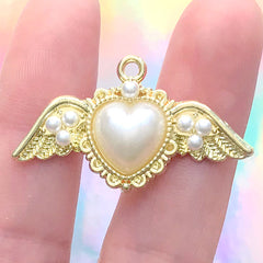 Angel Wing Heart Charm with Pearls | Winged Heart Pendant | Kawaii Magical Girl Jewellery DIY (1 piece / Gold / 36mm x 21mm)