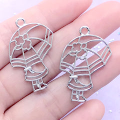 Little Girl and Umbrella Open Bezel Charm | Kawaii UV Resin Jewellery Making (2 pcs / Silver / 22mm x 33mm)