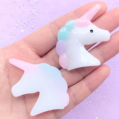 Glittery Unicorn Head Cabochons | Shimmer Resin Cabochon in Pastel Color | Mahou Kei Decoden Pieces (2 pcs / 40mm x 43mm)