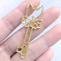 Kawaii Kitty Key Open Bezel Charm | Floral Cat Key Pendant | Animal Deco Frame for UV Resin Filling (1 piece / Gold / 21mm x 55mm)