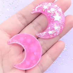 Magical Girl Moon & Star Cabochons with Mica Flakes | Kawaii Resin Cabochon | Decoden Phone Case DIY (2 pcs / Dark Pink / 31mm x 36mm)