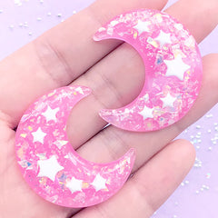 Magical Girl Moon & Star Cabochons with Mica Flakes | Kawaii Resin Cabochon | Decoden Phone Case DIY (2 pcs / Dark Pink / 31mm x 36mm)