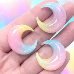 Rainbow Moon Cabochons | Glittery Decoden Cabochon | Magical Girl Jewelry Making | Kawaii Phone Case Decoration (3 pcs / 23mm x 26mm)