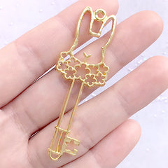 Bunny Key Open Bezel | Flower Animal Key Charm | Kawaii Deco Frame for UV Resin Filling (1 piece / Gold / 21mm x 60mm)