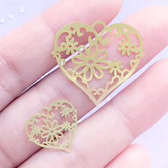 Heart Metal Bookmark with Floral Pattern | Flower Deco Frame for UV Resin Filling | Resin Jewellery DIY (2 pcs / 17mm and 27mm)