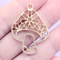 Flower Mushroom Open Bezel Charm | Nature Plant Pendant | Forest Woodland Deco Frame for UV Resin Filling (1 piece / Gold / 25mm x 34mm)