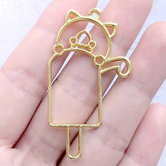 Cat Eating Popsicle Open Bezel | Kawaii Animal and Ice Cream Deco Frame for UV Resin Filling | Pet Pendant (1 piece / Gold / 28mm x 50mm)