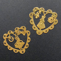 Alice in Wonderland Heart Lace Metal Bookmark Charm | Fairy Tale Deco Frame for UV Resin Filling | Kawaii Open Bezel (2 pcs / 21mm x 19mm)