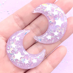 Kawaii Moon and Star Cabochon with Mica Flakes | Glittery Decoden Embellishments | Resin Flatbacks (2 pcs / Light Purple / 31mm x 36mm)