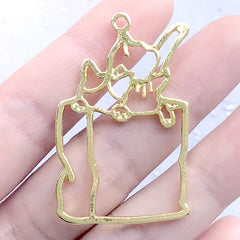Cats in Shopping Bag Open Bezel Charm for UV Resin Craft | Kawaii Animal Deco Frame | Pet Jewelry DIY (1 piece / Gold / 27mm x 44mm)