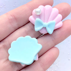 Kawaii Pastel Seashell Cabochon Assortment | Scalloped Sea Shell with Bow | Kawaii Decoden Pieces (4 pcs / Mix / 30mm x 25mm)