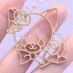 Cute Animal Head with Rose Open Bezel | Floral Dog Deco Frame for UV Resin Filling | Flower Cat Charm (1 piece / Gold / 41mm x 42mm)