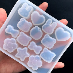 Kawaii Silicone Mold Assortment (14 Cavity) | Bunny Rabbit Kitty Cat Bear Animal Apple Fruit Heart Star Bow Flower Mold | Resin Art Supplies