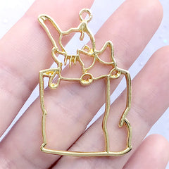 Cats in Shopping Bag Open Bezel Charm for UV Resin Craft | Kawaii Animal Deco Frame | Pet Jewelry DIY (1 piece / Gold / 27mm x 44mm)