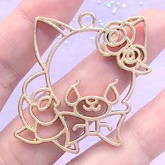 Cute Animal Head with Rose Open Bezel | Floral Dog Deco Frame for UV Resin Filling | Flower Cat Charm (1 piece / Gold / 41mm x 42mm)
