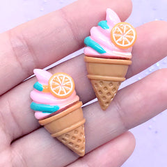 Strawberry Ice Cream Cabochons | Kawaii Resin Flatback | Phone Case Decoden Supplies | Summer Sweet Deco (2 pcs / Pink / 17mm x 34mm)