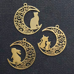 Filigree Moon and Animal Metal Bookmark Assortment | Moon with Cat and Rabbit Deco Frame for UV Resin Filling (3 pcs / 21mm x 24mm)
