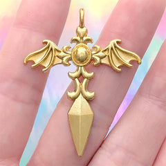 Devil Winged Sword Charm | Demon Sword Pendant | Fantasy Jewellery Supplies (1 piece / Gold / 35mm x 44mm)