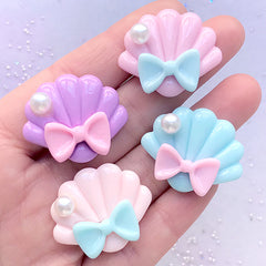 Kawaii Pastel Seashell Cabochon Assortment | Scalloped Sea Shell with Bow | Kawaii Decoden Pieces (4 pcs / Mix / 30mm x 25mm)