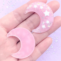 Moon and Star Decoden Cabochon with Glitter | Cute Resin Cabochons | Kawaii Mahou Kei Jewelry Supplies (2 pcs / Light Pink / 31mm x 36mm)