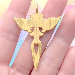 Angel Sword Charm | Winged Sword Pendant | Fantasy Jewelry Supplies (1 piece / Gold / 34mm x 48mm)