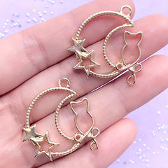 Moon Cat Open Back Bezel Pendant | Magical Kitty Deco Frame | Kawaii UV Resin Jewelry DIY (2 pcs / Gold / 28mm x 31mm)