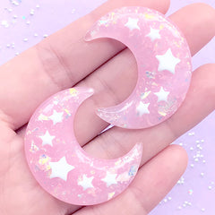 Moon and Star Decoden Cabochon with Glitter | Cute Resin Cabochons | Kawaii Mahou Kei Jewelry Supplies (2 pcs / Light Pink / 31mm x 36mm)