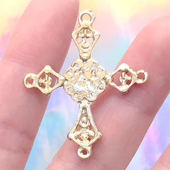 Gothic Cross Charm with Black Rhinestones and Pearl | Apostles Cross Budded Cross Pendant | Kawaii Goth Jewellery Making (1 piece / Gold / 31mm x 37mm)