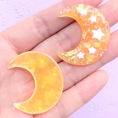 Crescent Moon and Star Cabochons with Mica Flakes | Kawaii Decoden Phone Case Making | Resin Embellishments (2 pcs / Orange / 31mm x 36mm)