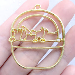 Cats in Basket Open Bezel for UV Resin Jewelry Making | Kawaii Kitty Deco Frame | Pet Charm (1 piece / Gold / 36mm x 42mm)